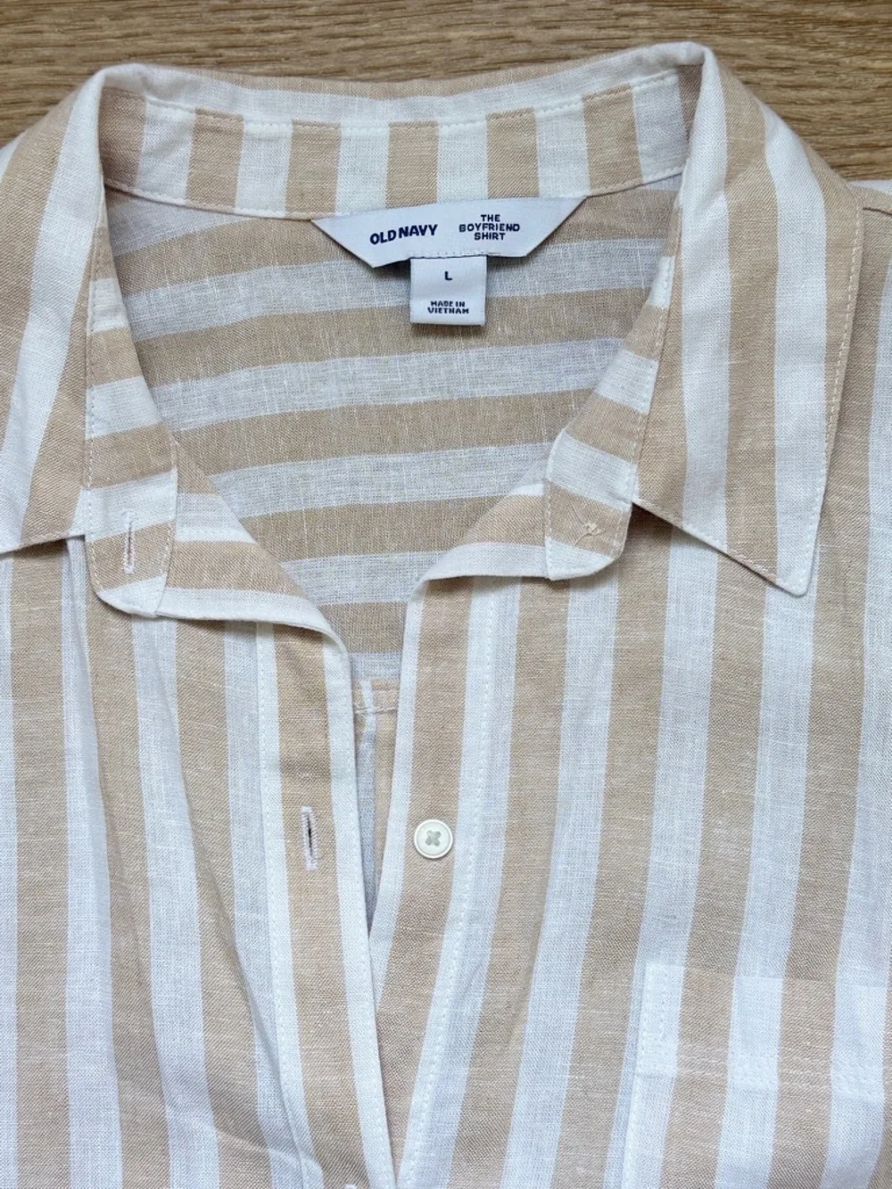 Old Navy Linen Blend Striped Boyfriend Button Down Shirt in Tan and White - Picture 6 of 7